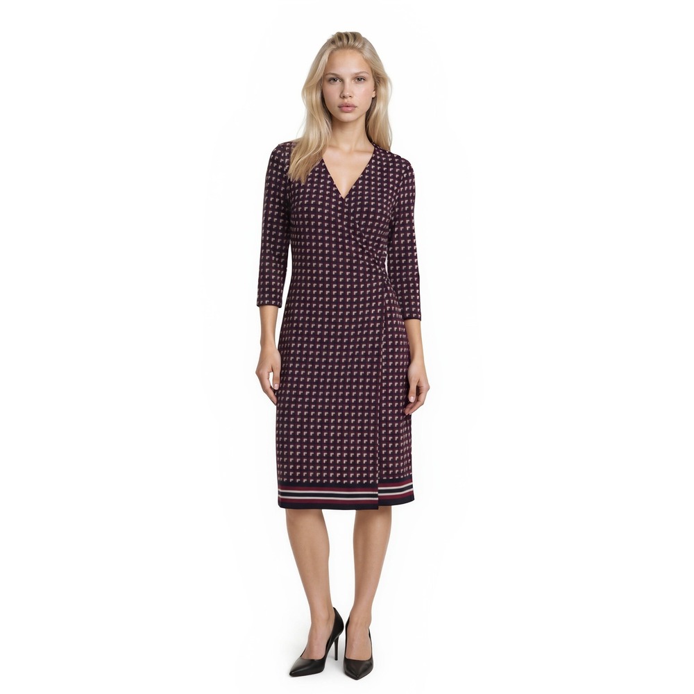 Talbots Wrap Dress Women's Size Large Petite LP Navy Burgundy Geometric